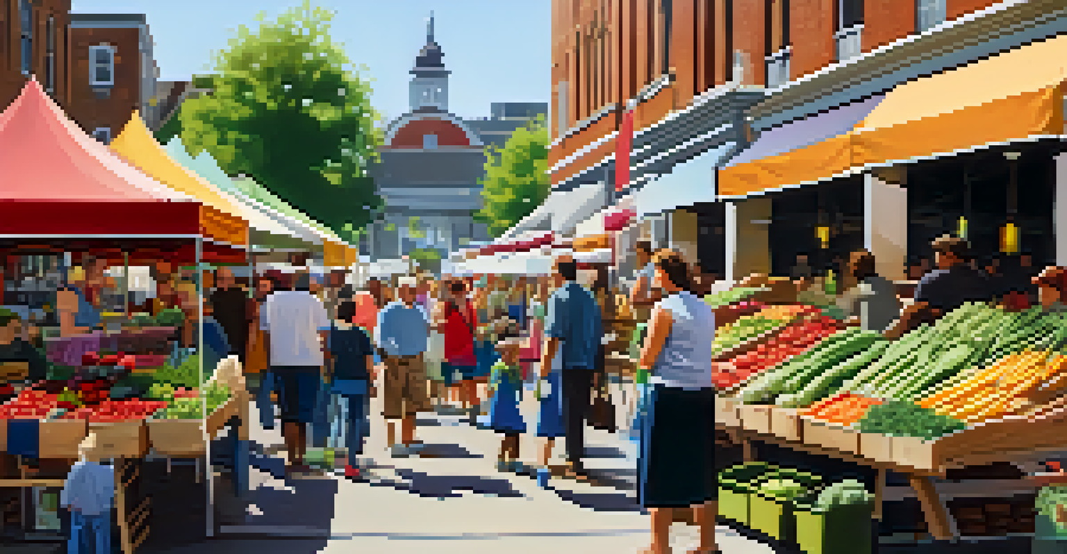 A lively farmers market scene with stalls of fresh produce and people enjoying the sunny day.