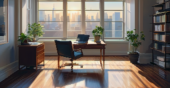 A calm office space featuring a desk with a laptop and financial reports, bathed in soft sunlight with a view of the city skyline.
