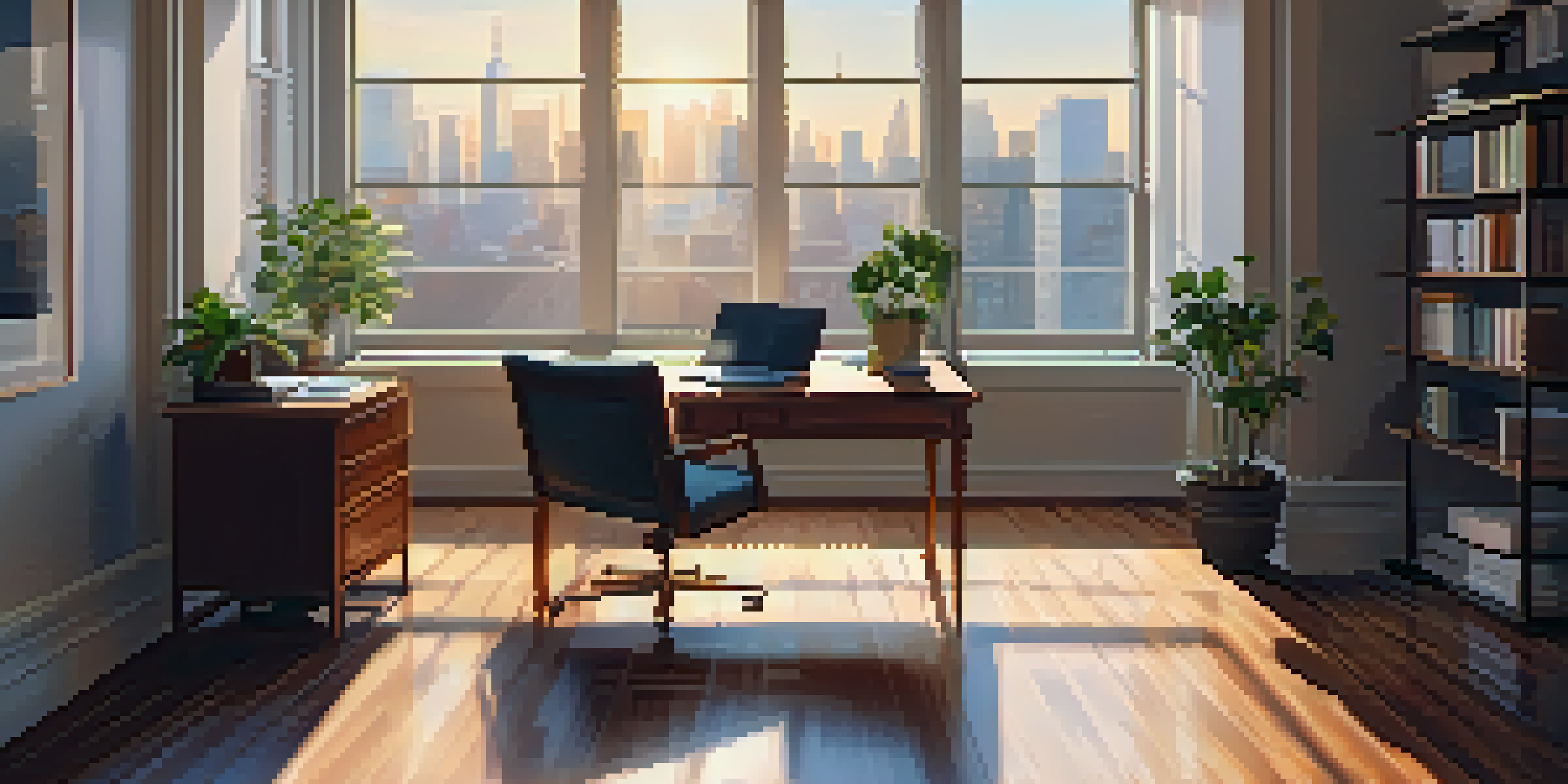 A calm office space featuring a desk with a laptop and financial reports, bathed in soft sunlight with a view of the city skyline.
