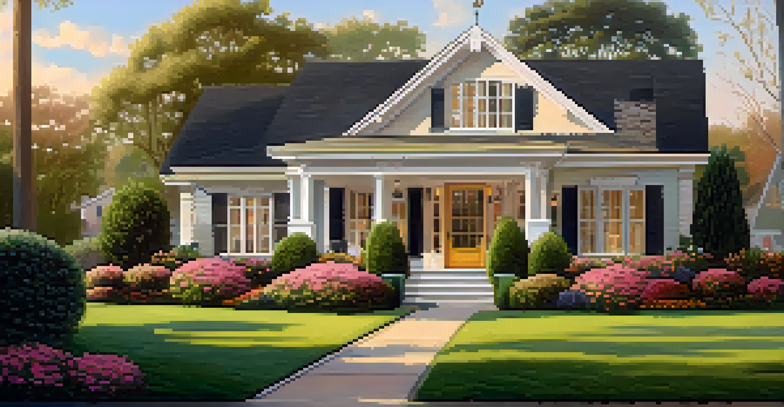 A charming home with a beautifully landscaped front yard, fresh flowers, and a brightly painted front door in the golden light of afternoon.