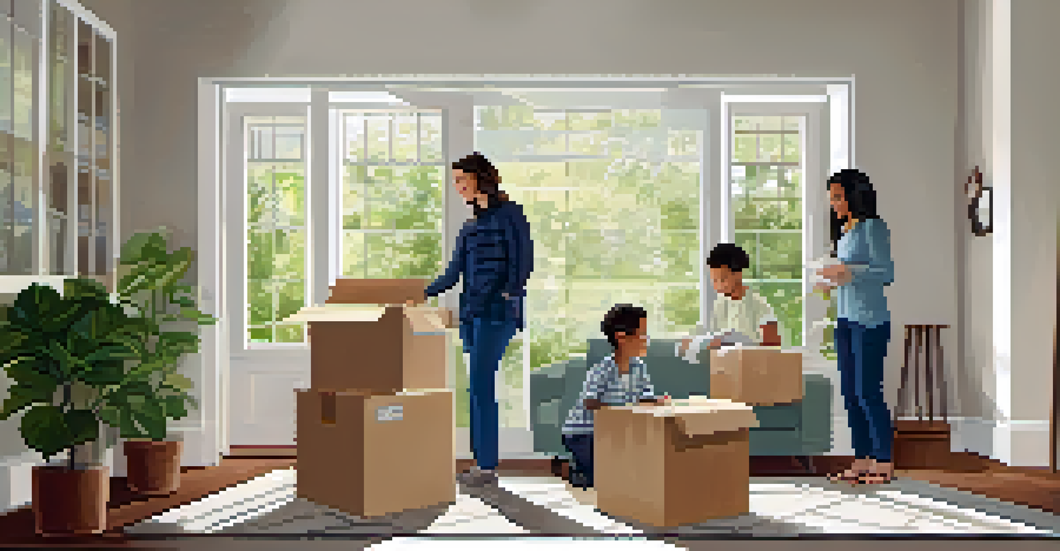 A family smiling as they move into their new home, with a property inspector reviewing a report in the background.