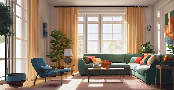 A cozy living room with warm lighting, a plush sofa, colorful cushions, and natural light filtering through sheer curtains.