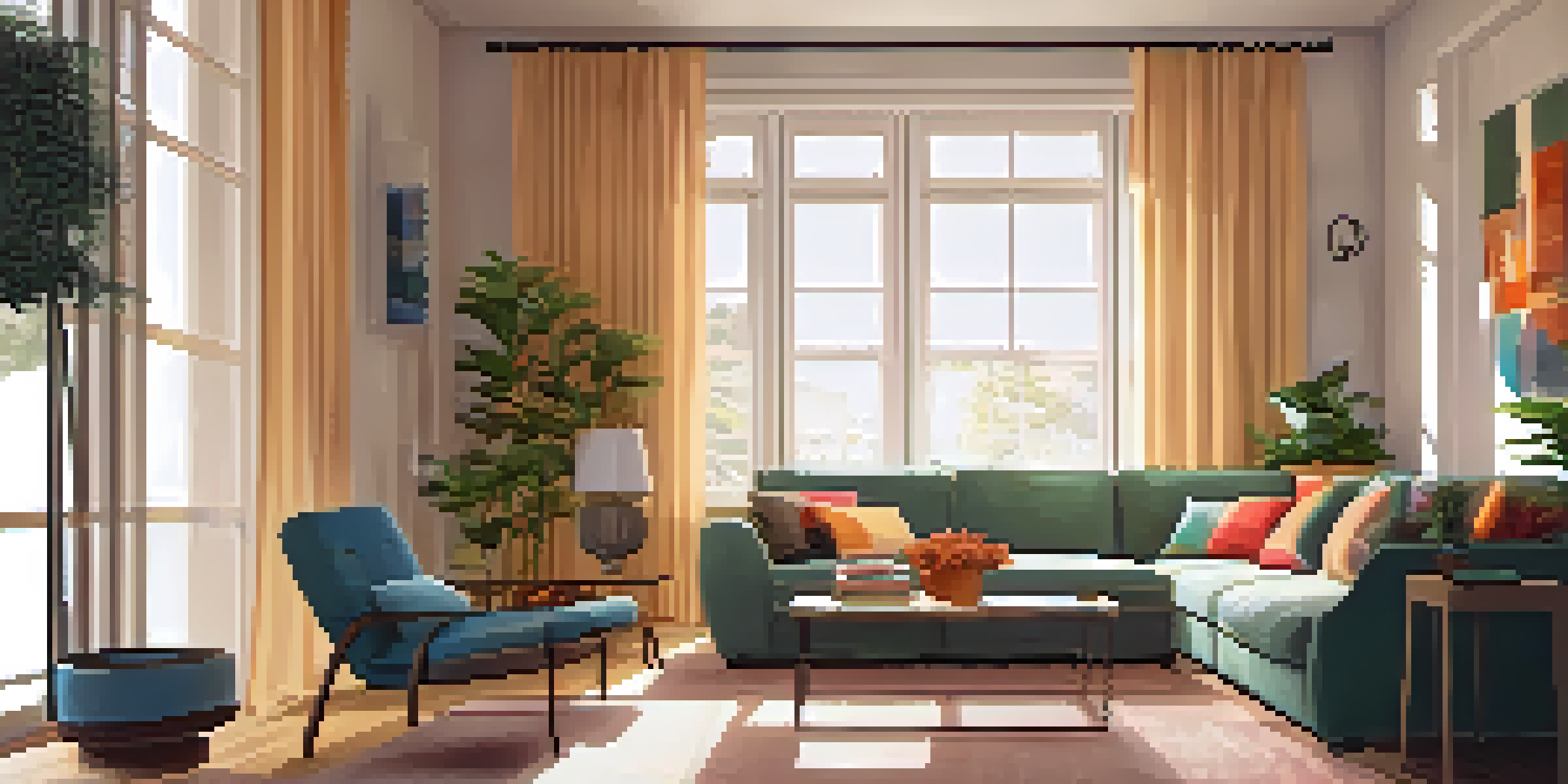 A cozy living room with warm lighting, a plush sofa, colorful cushions, and natural light filtering through sheer curtains.