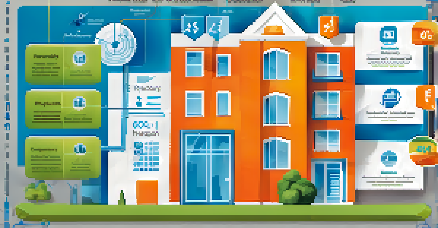 An infographic showing data analytics elements like occupancy rates and rental income with colorful icons and graphs.
