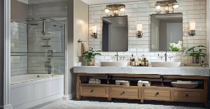 A contemporary bathroom with a double vanity, brushed nickel faucets, and white subway tiles, illuminated by warm lighting and decorated with colorful towels.