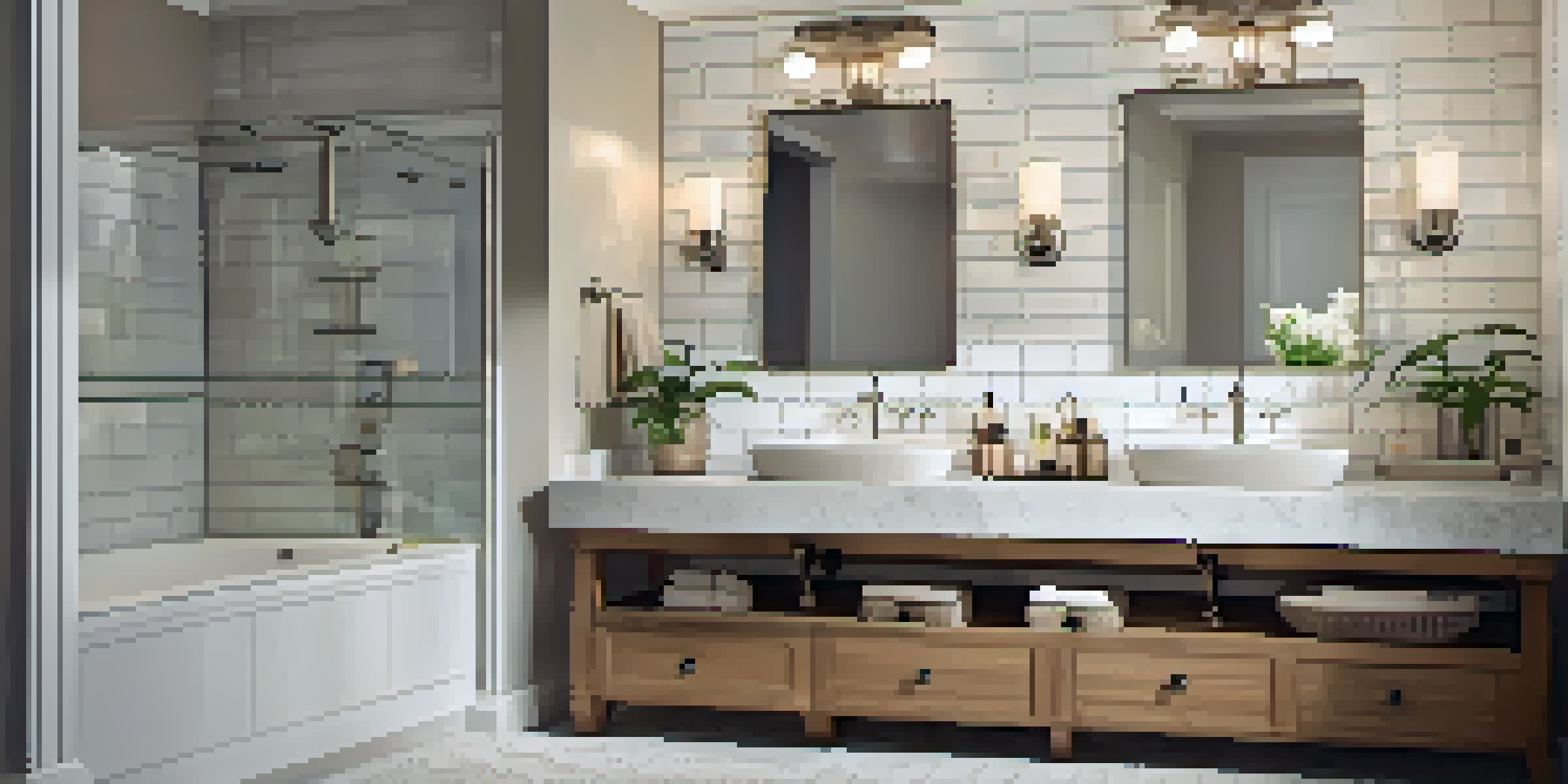 A contemporary bathroom with a double vanity, brushed nickel faucets, and white subway tiles, illuminated by warm lighting and decorated with colorful towels.