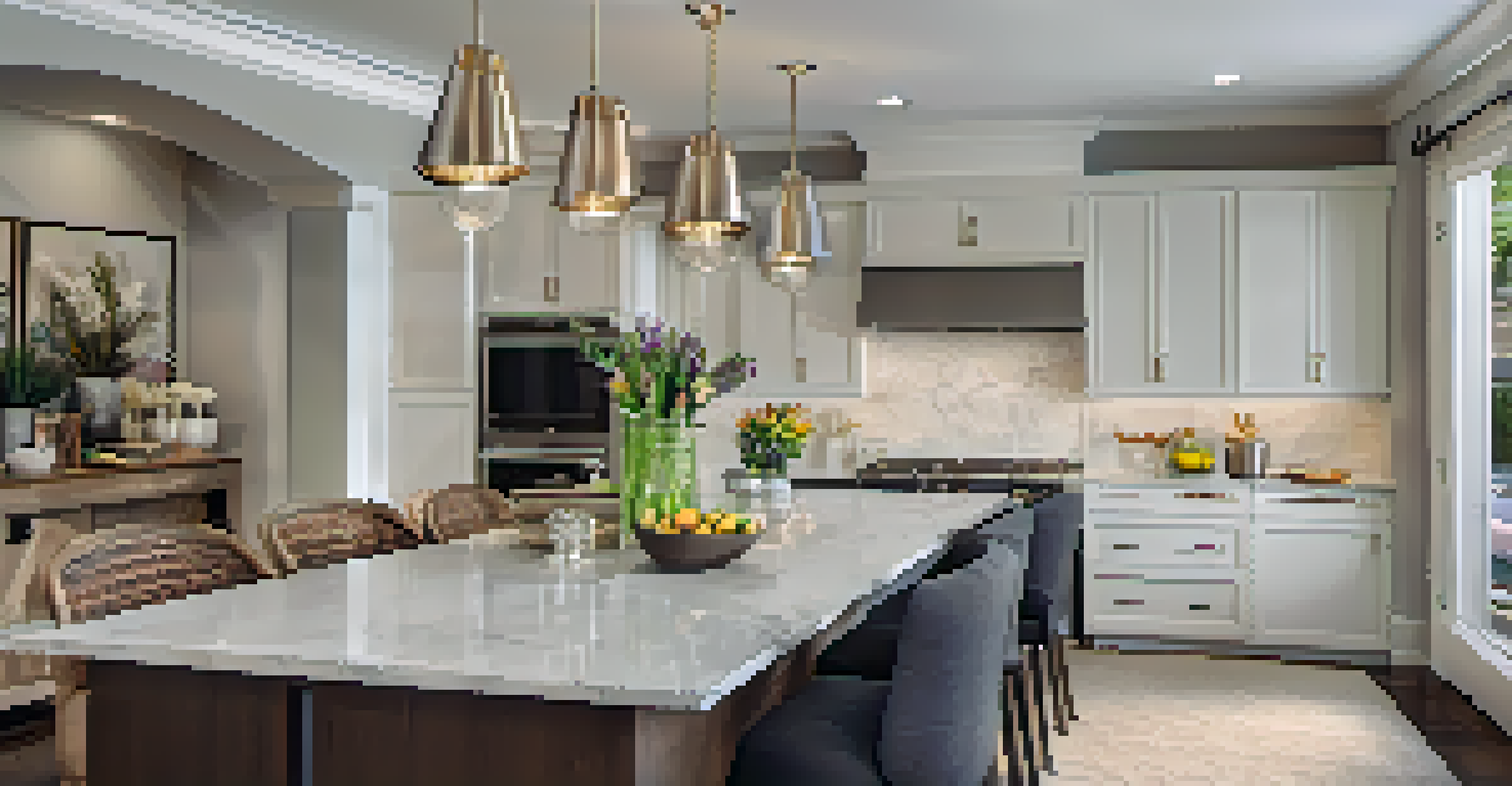 An elegant open kitchen with a dining area, featuring modern appliances and a beautifully set table.