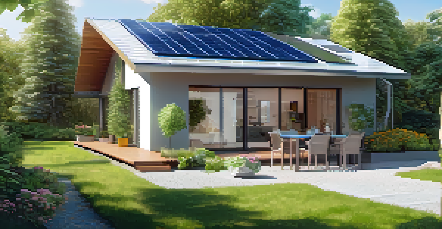 An eco-friendly house with solar panels and a smart energy management system, surrounded by a garden and trees under a clear blue sky.