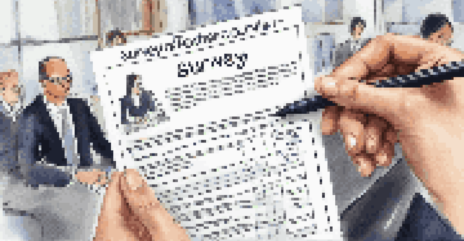 Hands holding a feedback survey form with a pen, indicating the process of gathering client insights in an office setting.