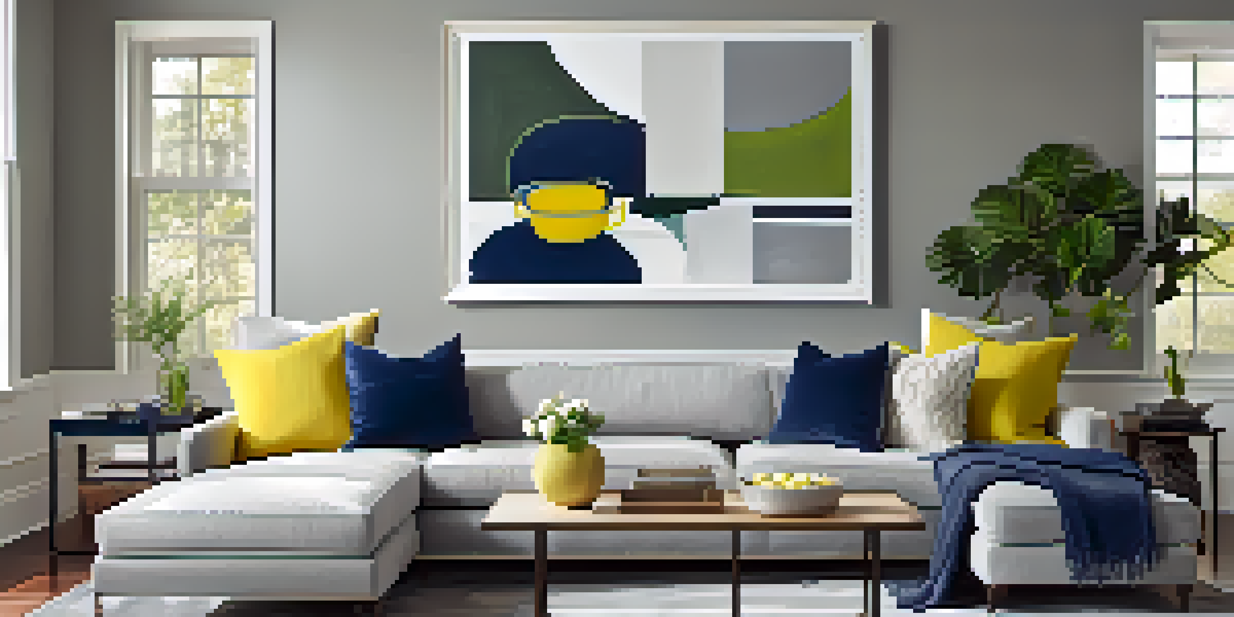 A staged living room with soft gray walls, white trim, navy accents, a neutral sofa with a yellow throw pillow, and an abstract art piece.