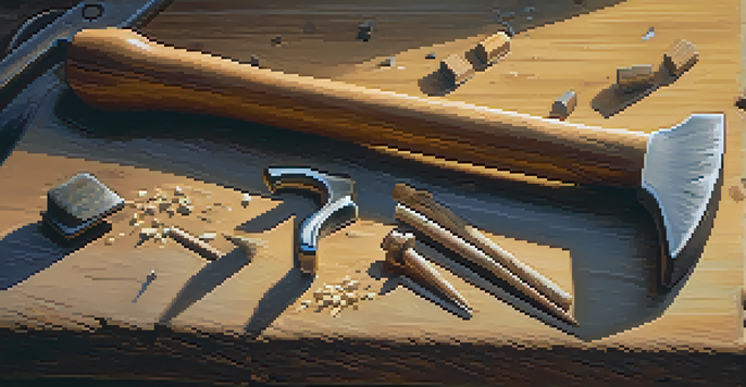 A close-up of a claw hammer on a wooden workbench with nails and wood shavings, illuminated by warm workshop lighting.