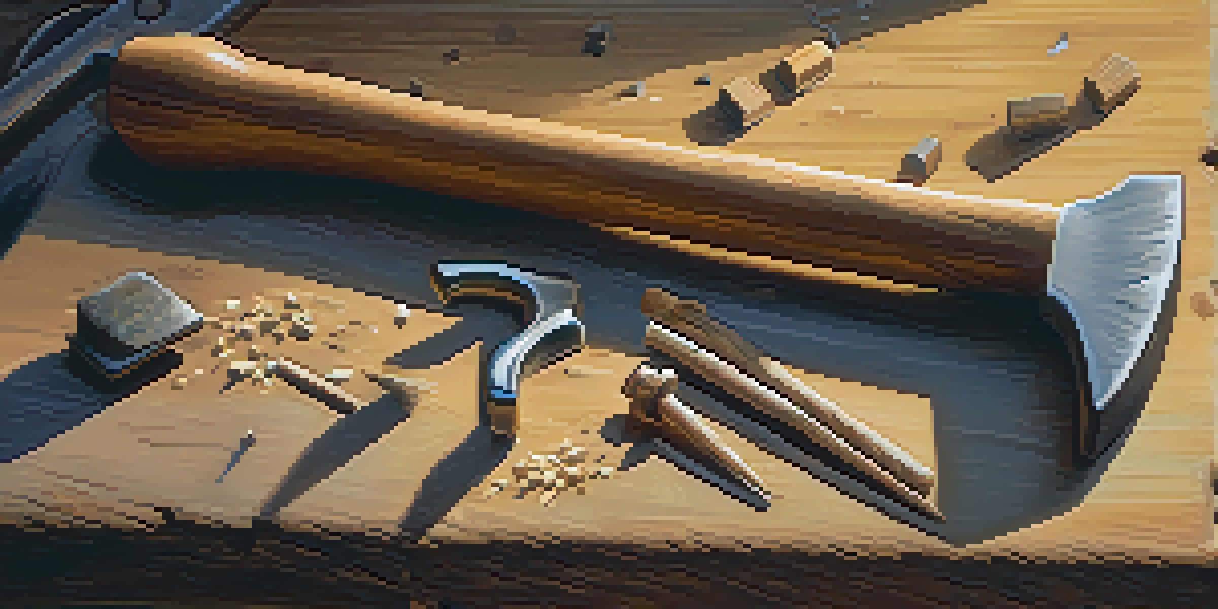 A close-up of a claw hammer on a wooden workbench with nails and wood shavings, illuminated by warm workshop lighting.