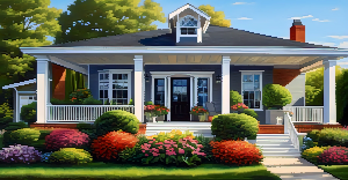 A modern home with a 'For Sale' sign in a sunny yard filled with flowers and greenery.