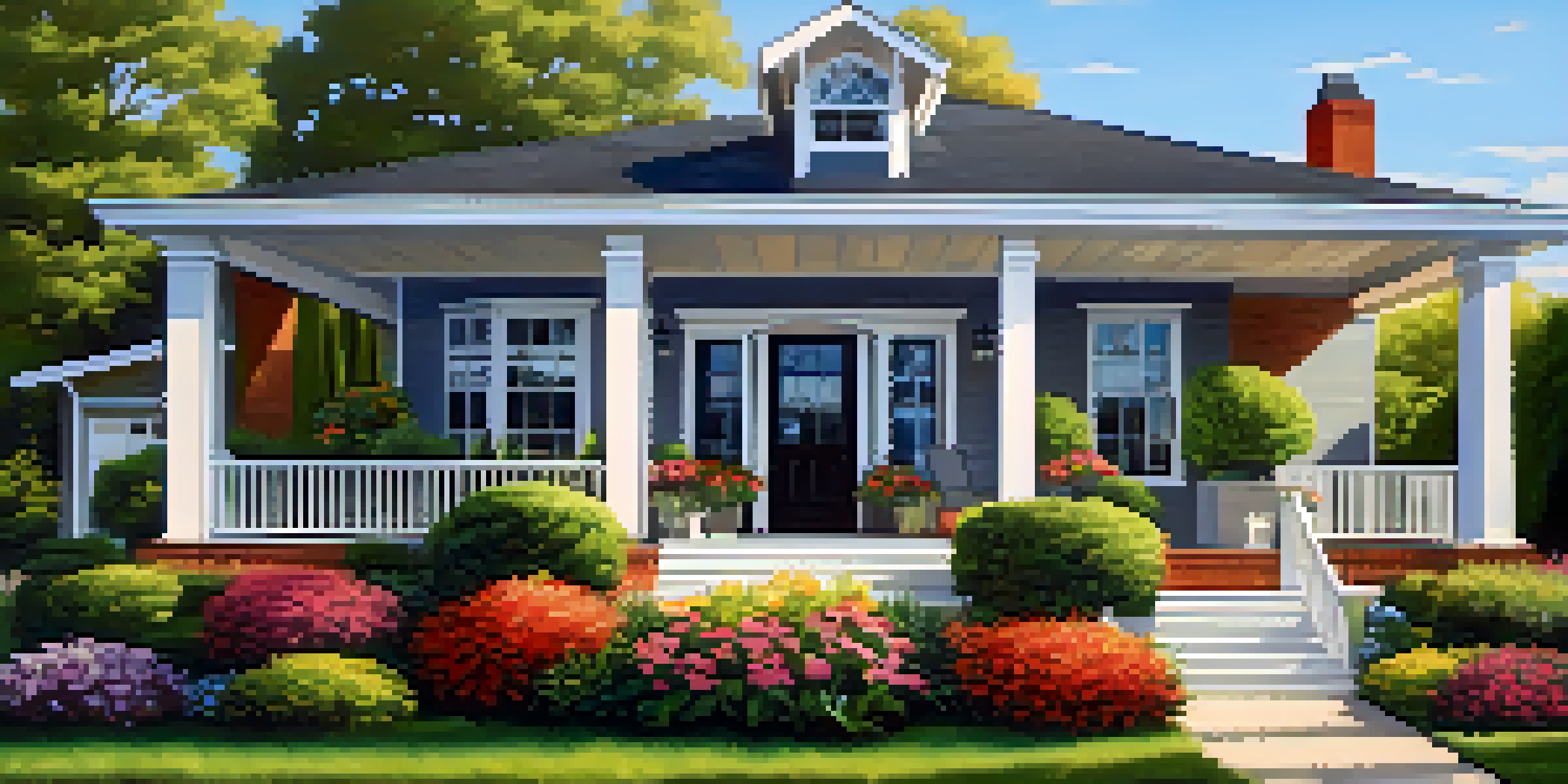 A modern home with a 'For Sale' sign in a sunny yard filled with flowers and greenery.