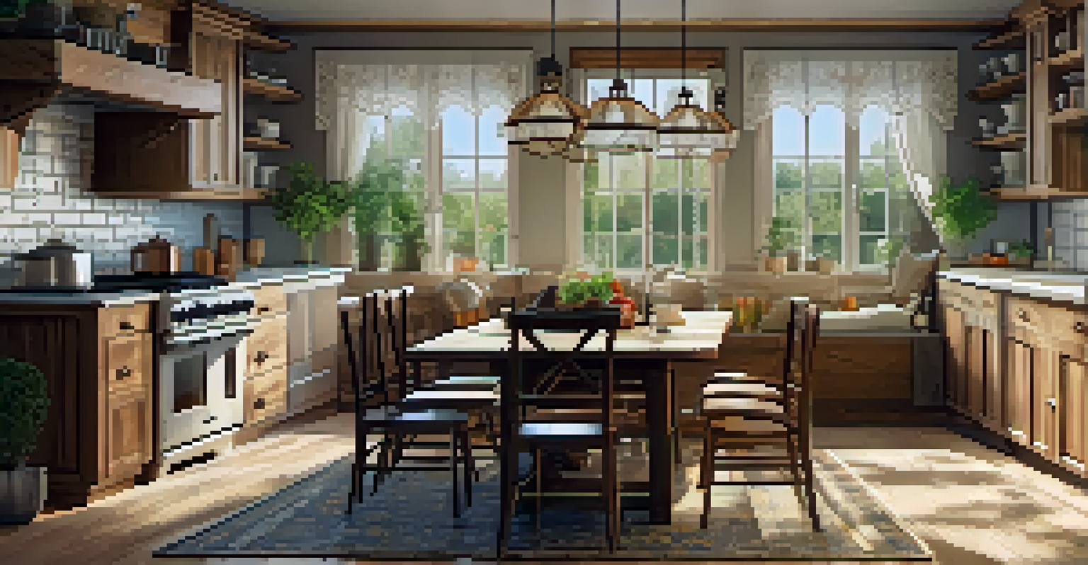 A warm and cozy kitchen in a country home with wooden cabinets and a dining table.