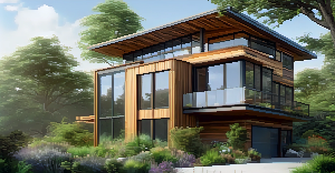 A contemporary sustainable house with large windows and a green landscape, showcasing eco-friendly materials and solar panels.