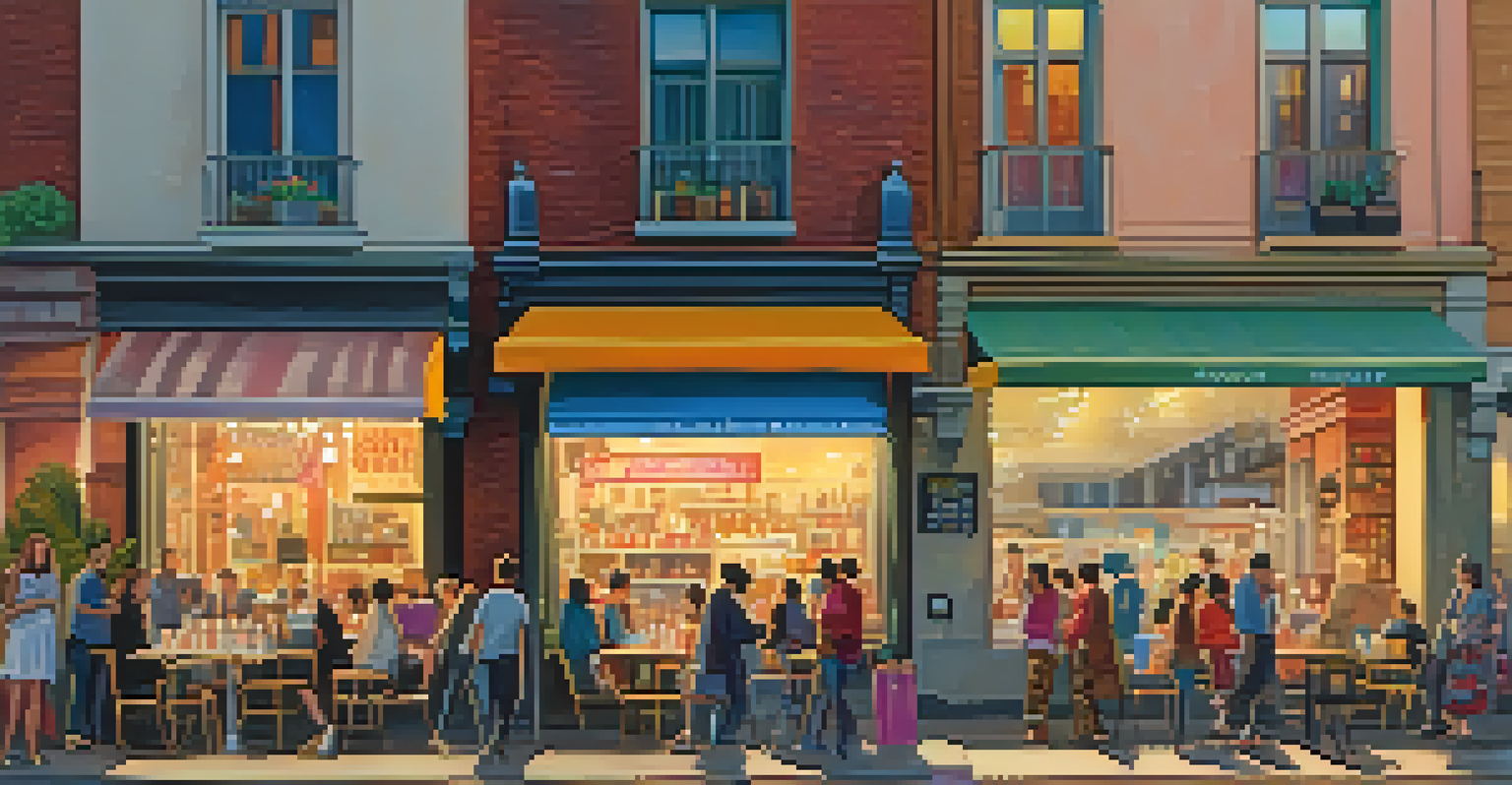 A lively urban street with shops and cafes, people walking, and warm golden hour lighting.