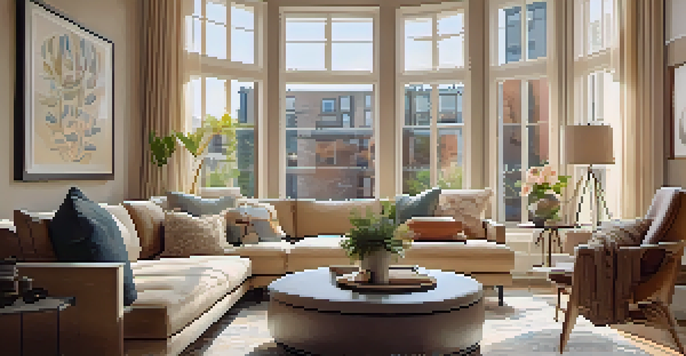 A modern condominium living room filled with natural light, stylish furniture, and personal decorations.