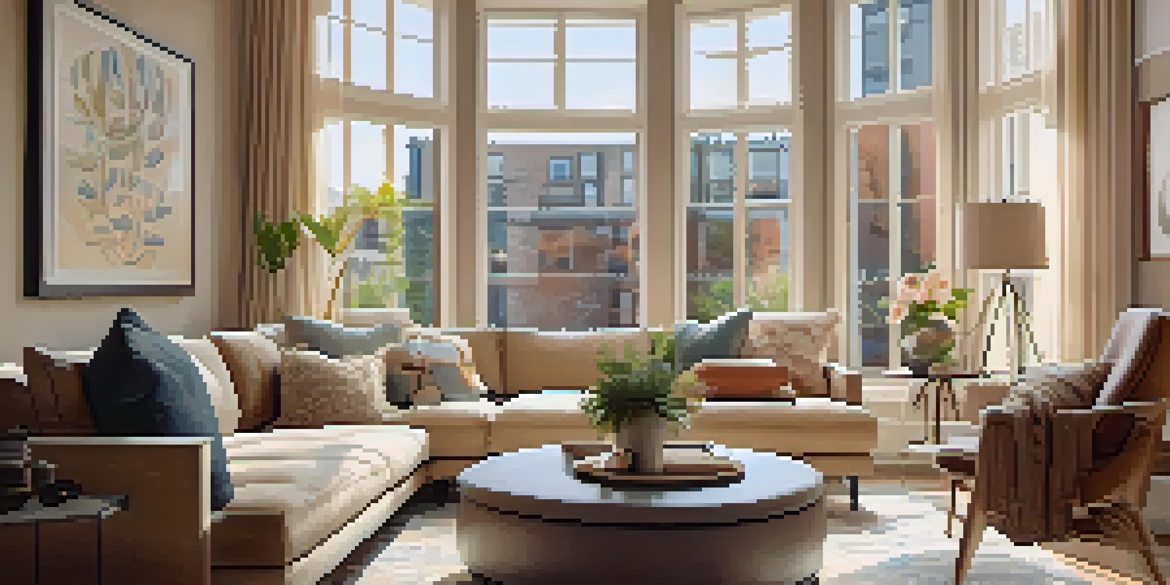 A modern condominium living room filled with natural light, stylish furniture, and personal decorations.