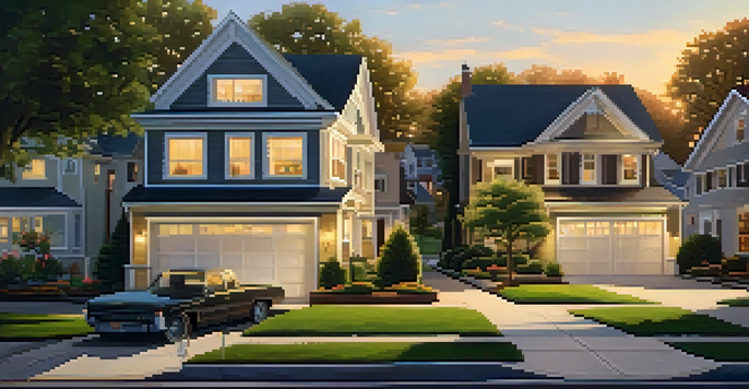 A peaceful suburban neighborhood during sunset with houses, lawns, and families outside.