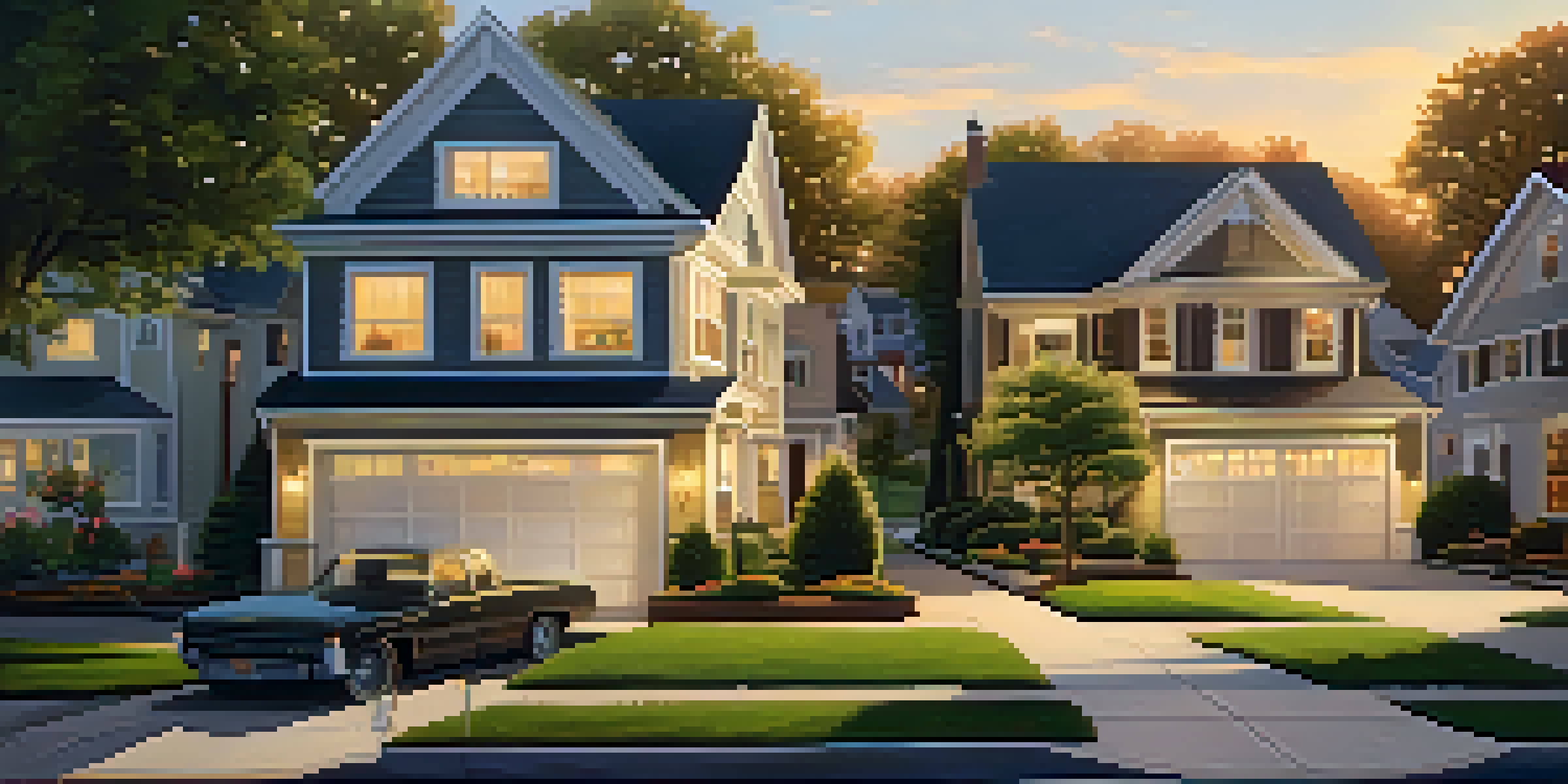 A peaceful suburban neighborhood during sunset with houses, lawns, and families outside.