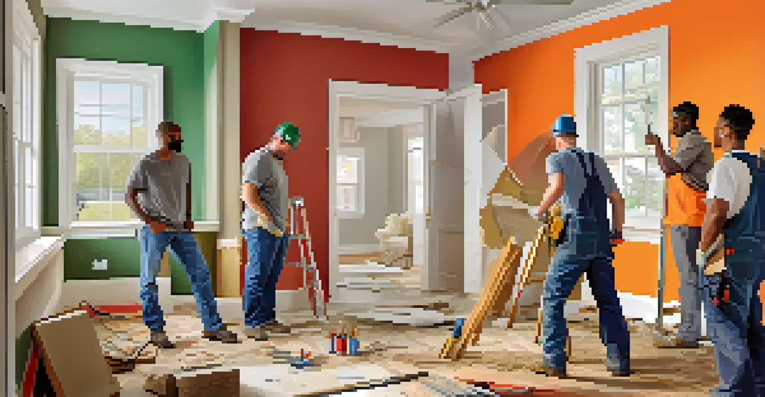 A diverse team of home flippers collaborating in a partially renovated living room.