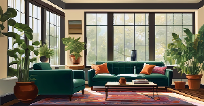 A bright and inviting living room featuring a stylish sofa, coffee table, and decorative plants, illuminated by natural light from large windows.