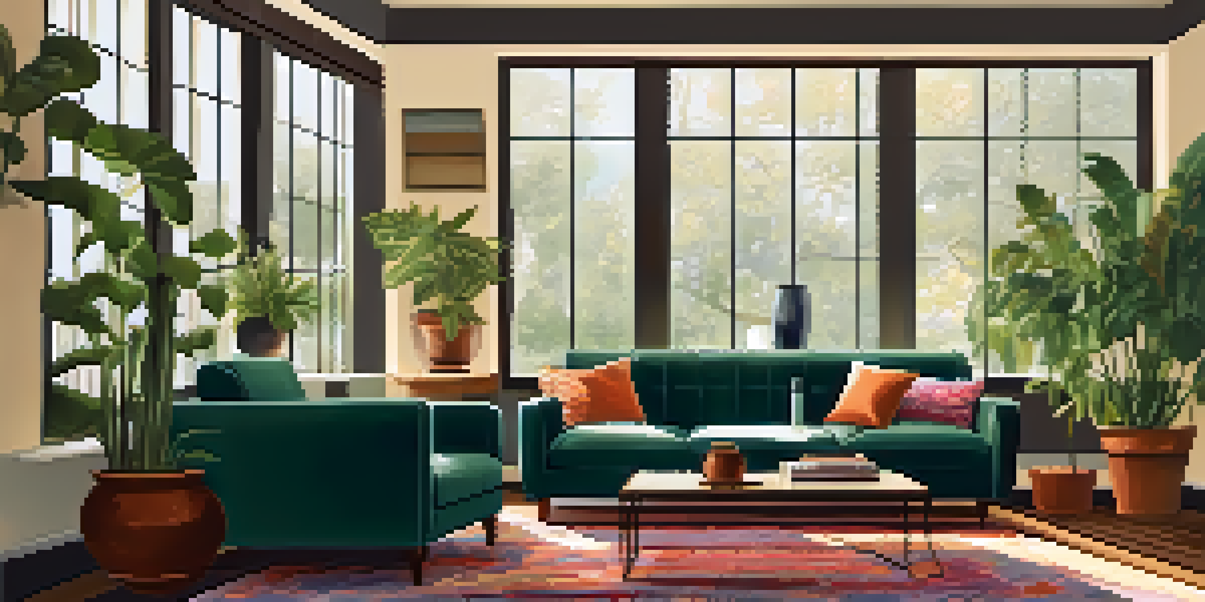 A bright and inviting living room featuring a stylish sofa, coffee table, and decorative plants, illuminated by natural light from large windows.
