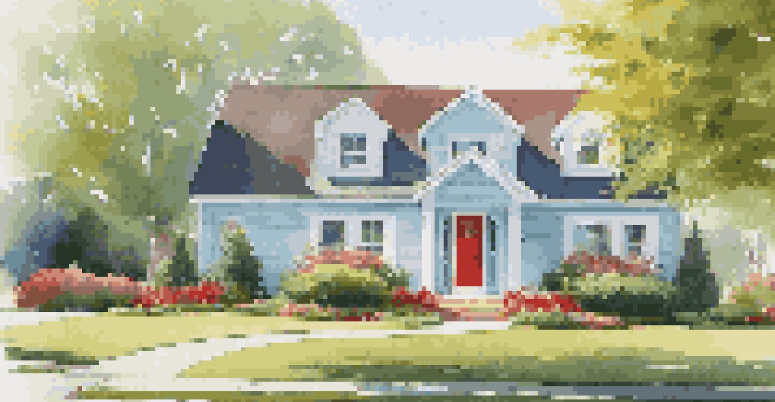 A beautiful suburban home with light blue siding, red front door, and colorful flower beds under warm sunlight.