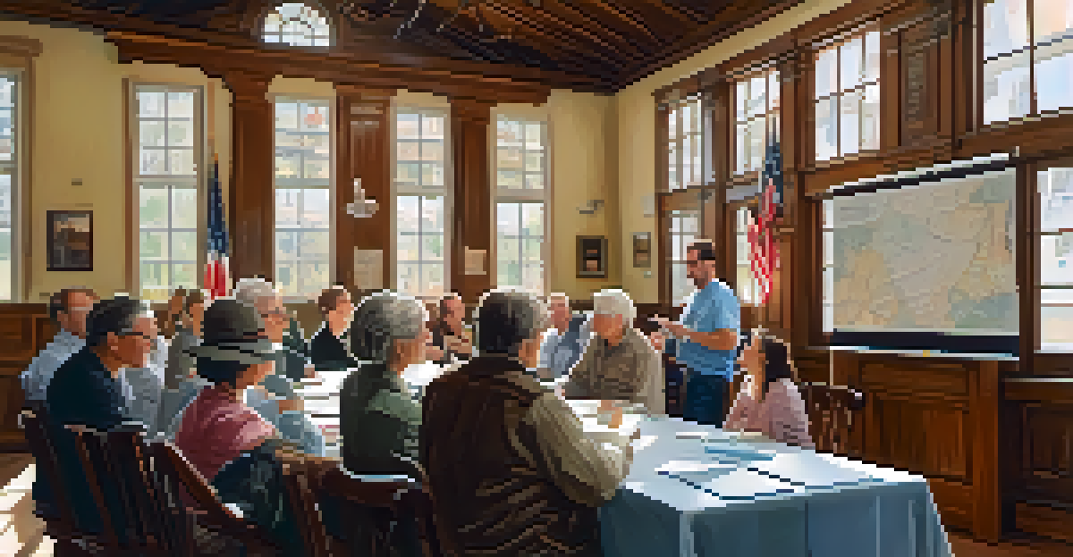 A community meeting in a town hall discussing a historic preservation project, featuring vintage decor and a map of the historic district.