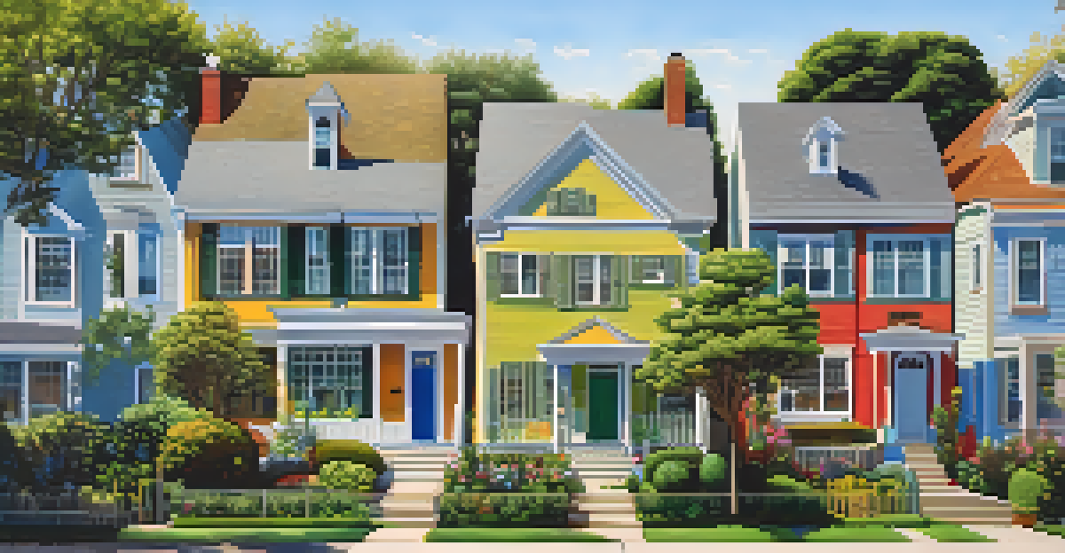 A neighborhood scene with a variety of homes in different architectural styles under a clear blue sky, surrounded by green lawns.