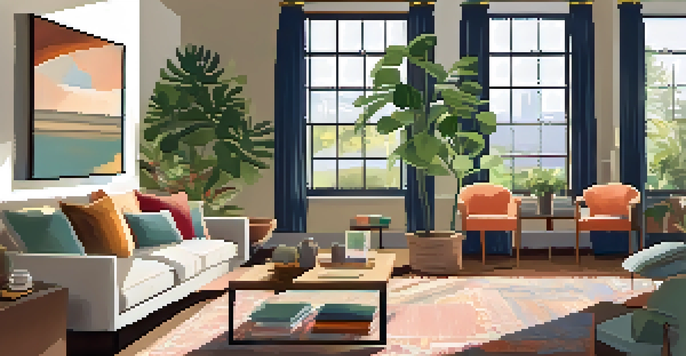 A cozy living room with sunlight streaming through windows, a plush sofa, and decorative elements creating a warm environment.