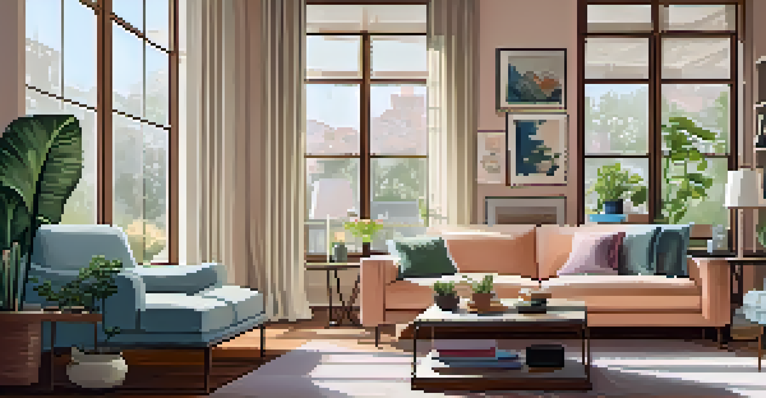 A bright and cozy living room with sunlight, featuring a sofa, coffee table, and green plants.