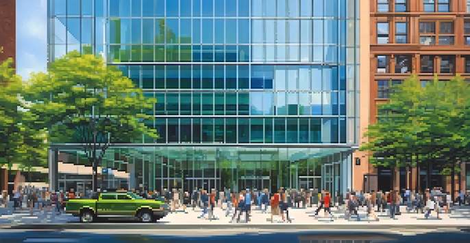 A modern office building surrounded by people and trees in a busy city center.