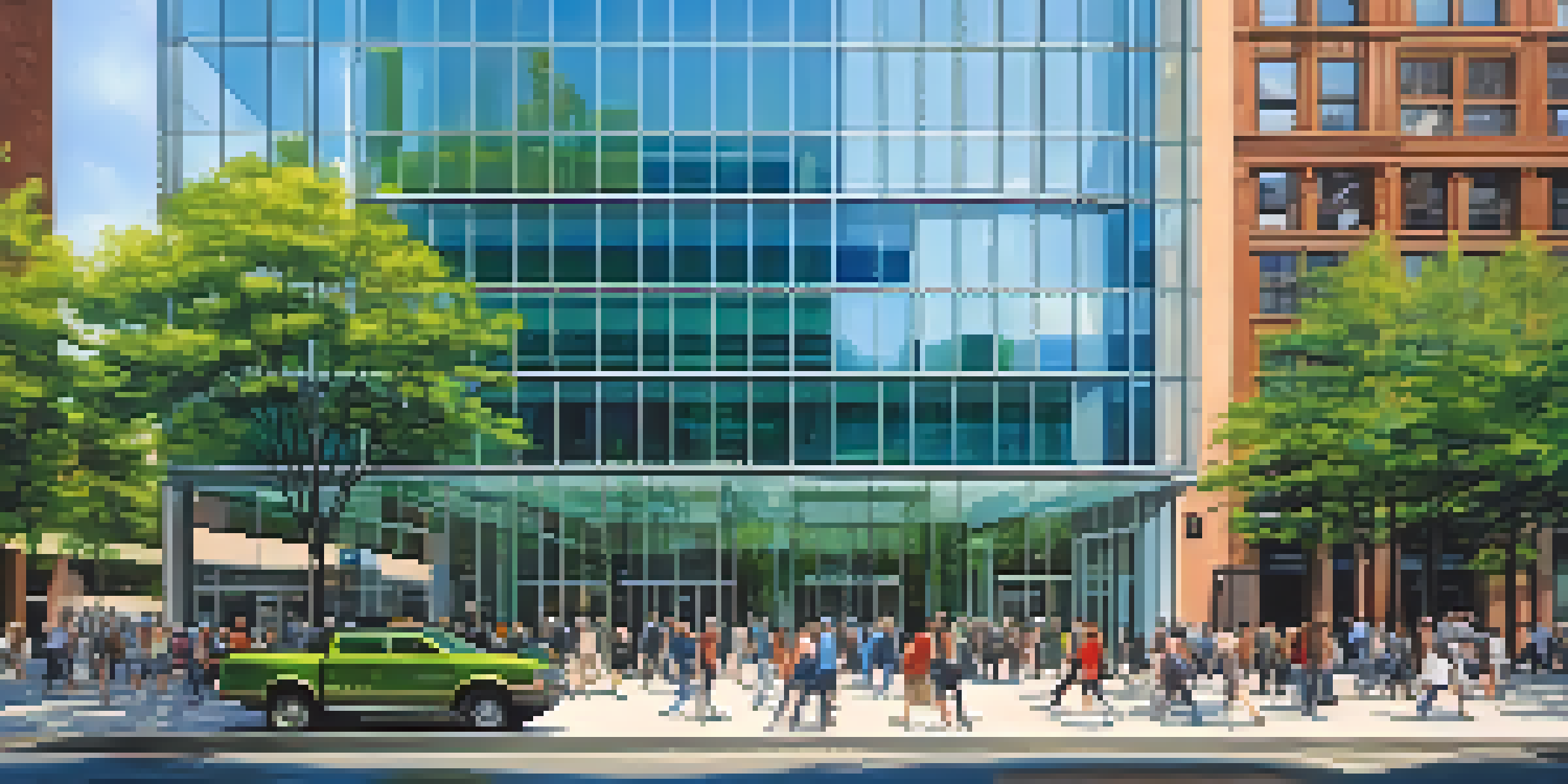 A modern office building surrounded by people and trees in a busy city center.