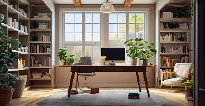 A bright and inviting home office with a wooden desk, laptop, potted plants, and motivational quotes on the walls.