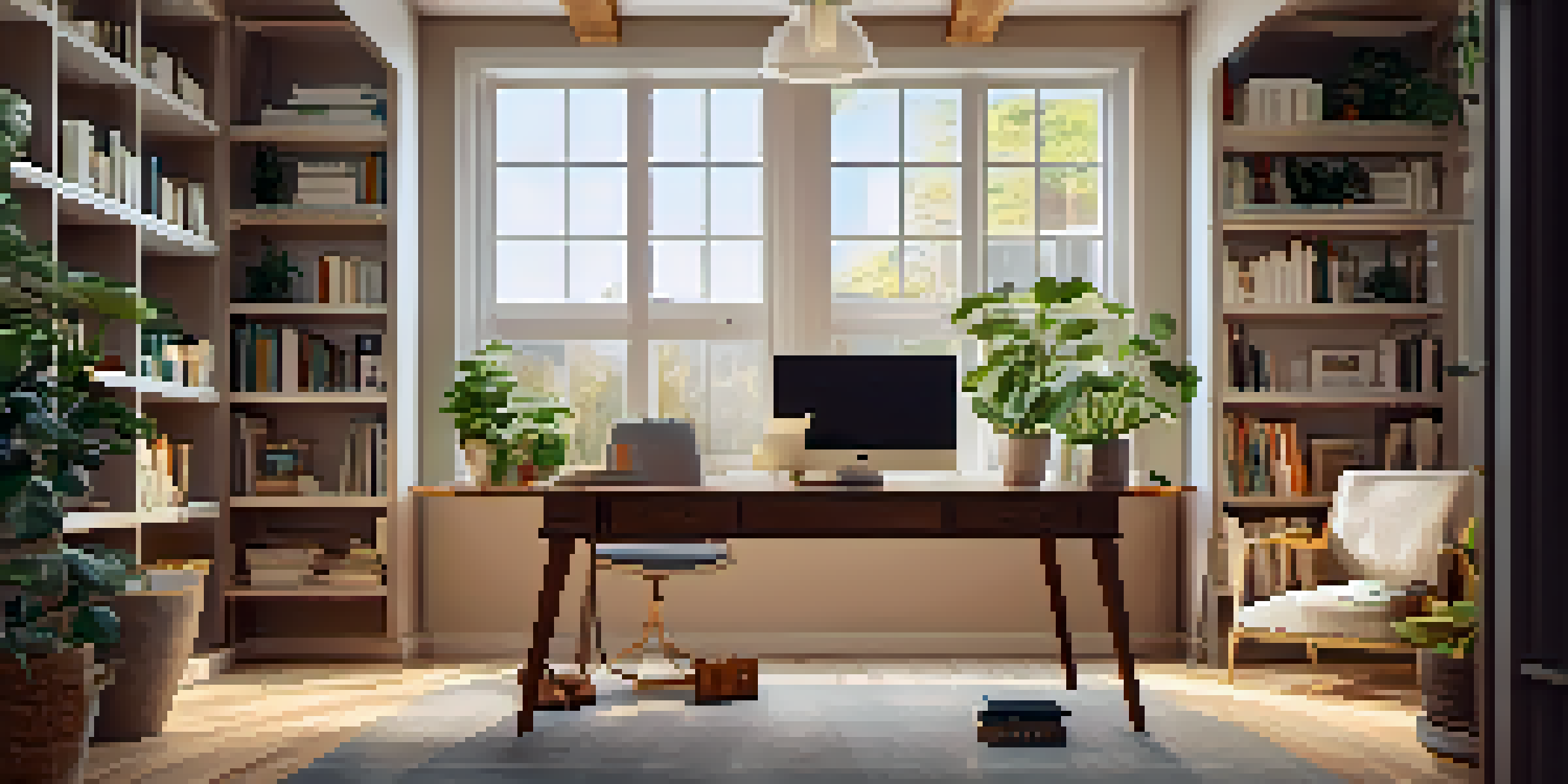 A bright and inviting home office with a wooden desk, laptop, potted plants, and motivational quotes on the walls.