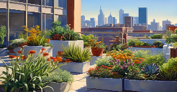A colorful rooftop garden with diverse plants and a city skyline in the background, under a sunny sky.