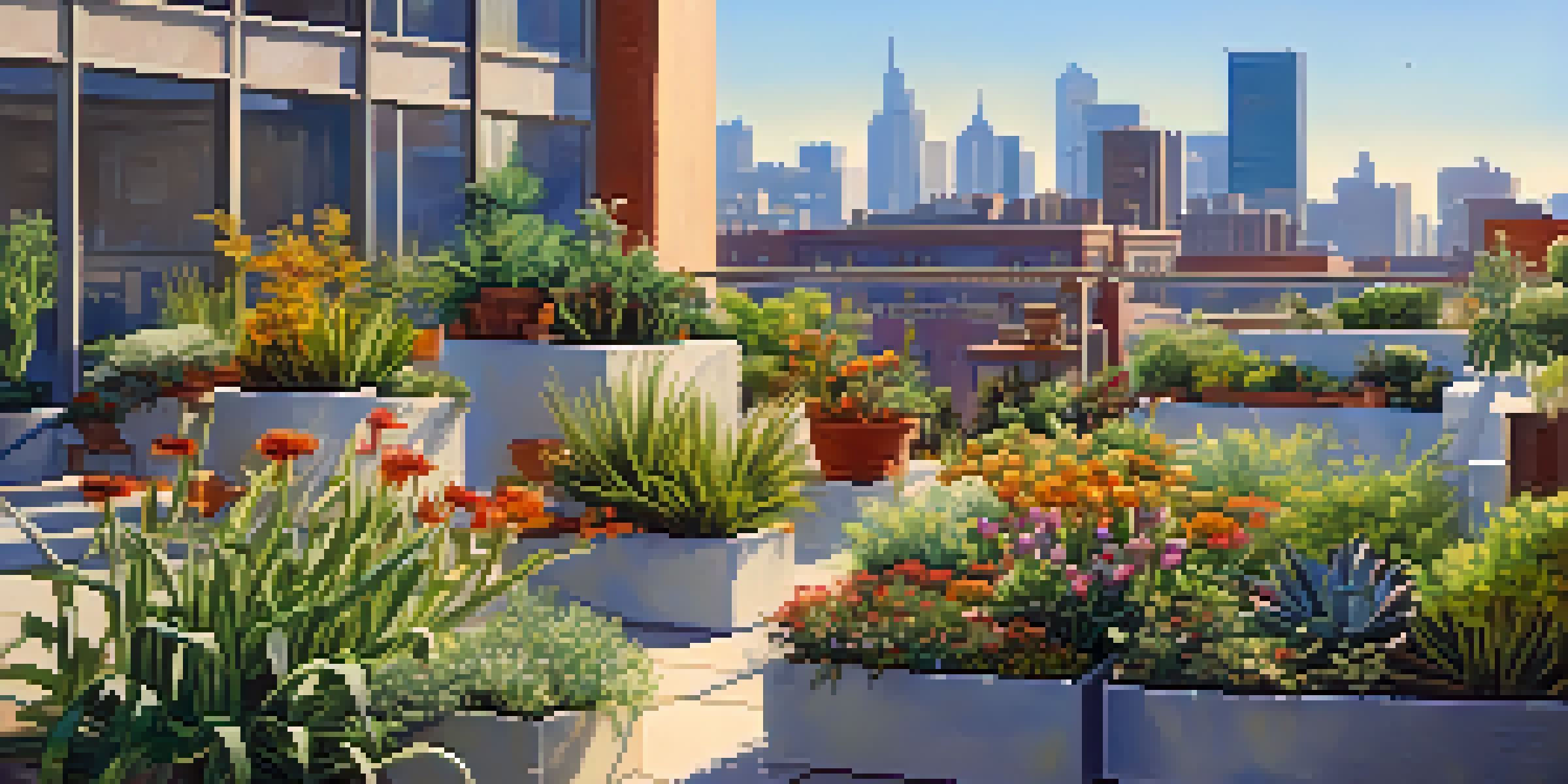 A colorful rooftop garden with diverse plants and a city skyline in the background, under a sunny sky.
