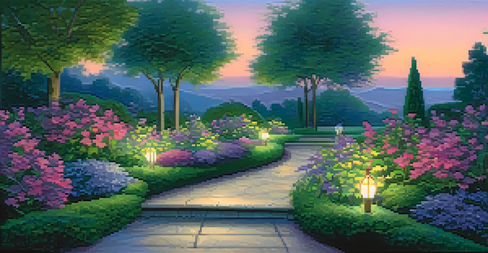 A peaceful garden at dusk with solar-powered lights illuminating the pathway and surrounding plants.