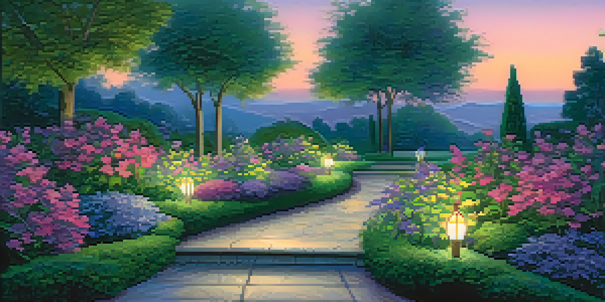A peaceful garden at dusk with solar-powered lights illuminating the pathway and surrounding plants.