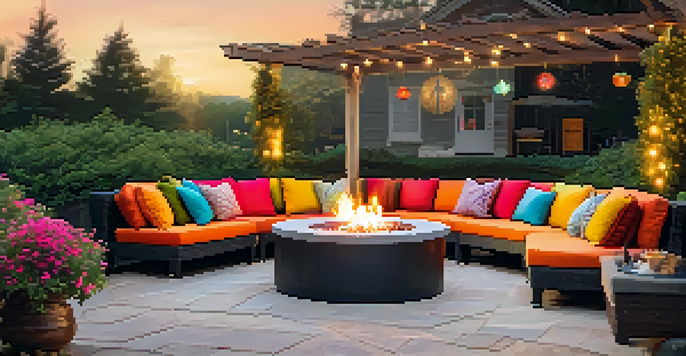 An inviting outdoor seating area with colorful cushions, a blanket, and a fire pit, surrounded by seasonal flowers in warm light.