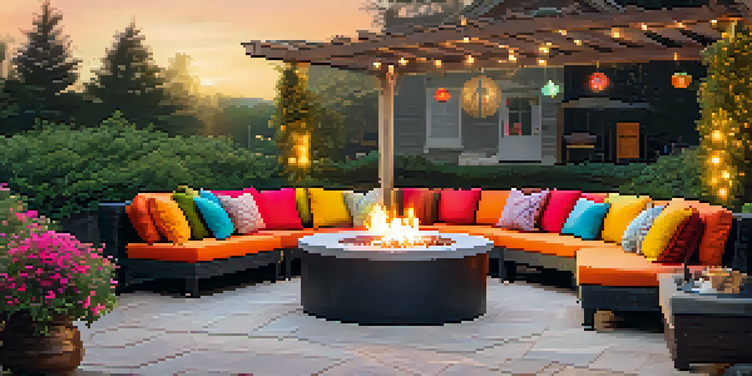 An inviting outdoor seating area with colorful cushions, a blanket, and a fire pit, surrounded by seasonal flowers in warm light.