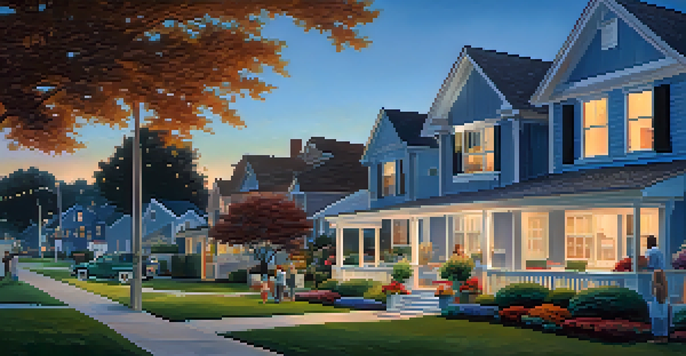 A peaceful suburban neighborhood at dusk with houses, flower beds, and a family on their porch.