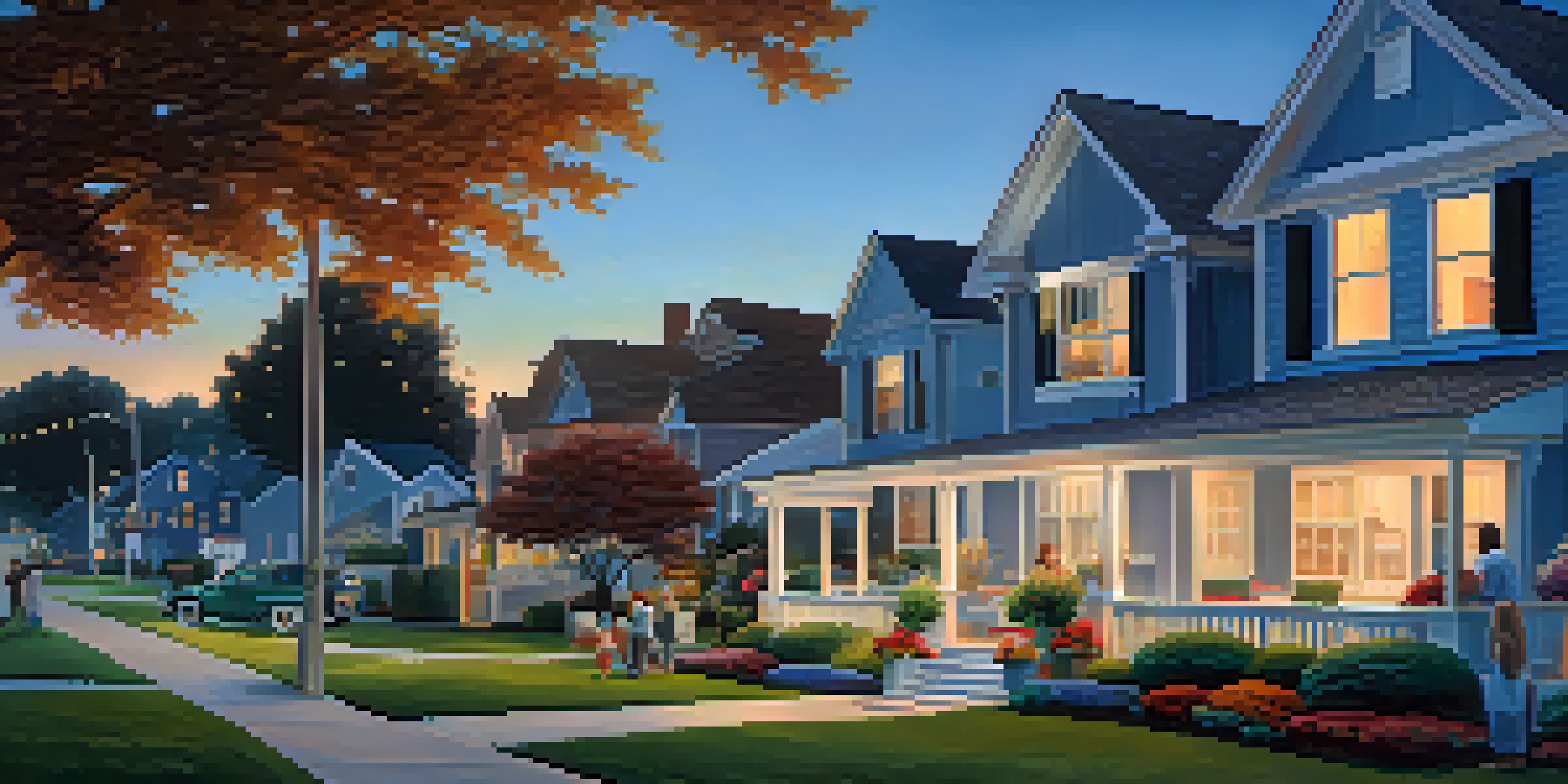 A peaceful suburban neighborhood at dusk with houses, flower beds, and a family on their porch.