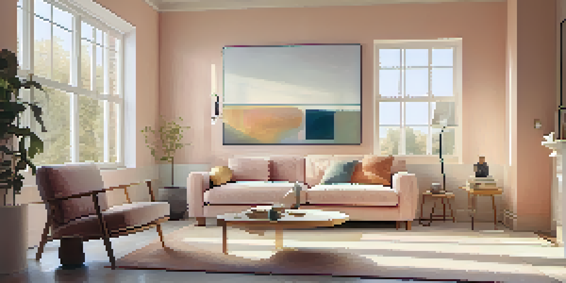 A spacious living room with a large frameless mirror reflecting sunlight from a window, creating an inviting atmosphere.