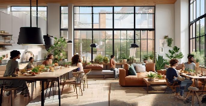 A modern communal living area with diverse residents cooking together, large windows, and plenty of indoor plants.