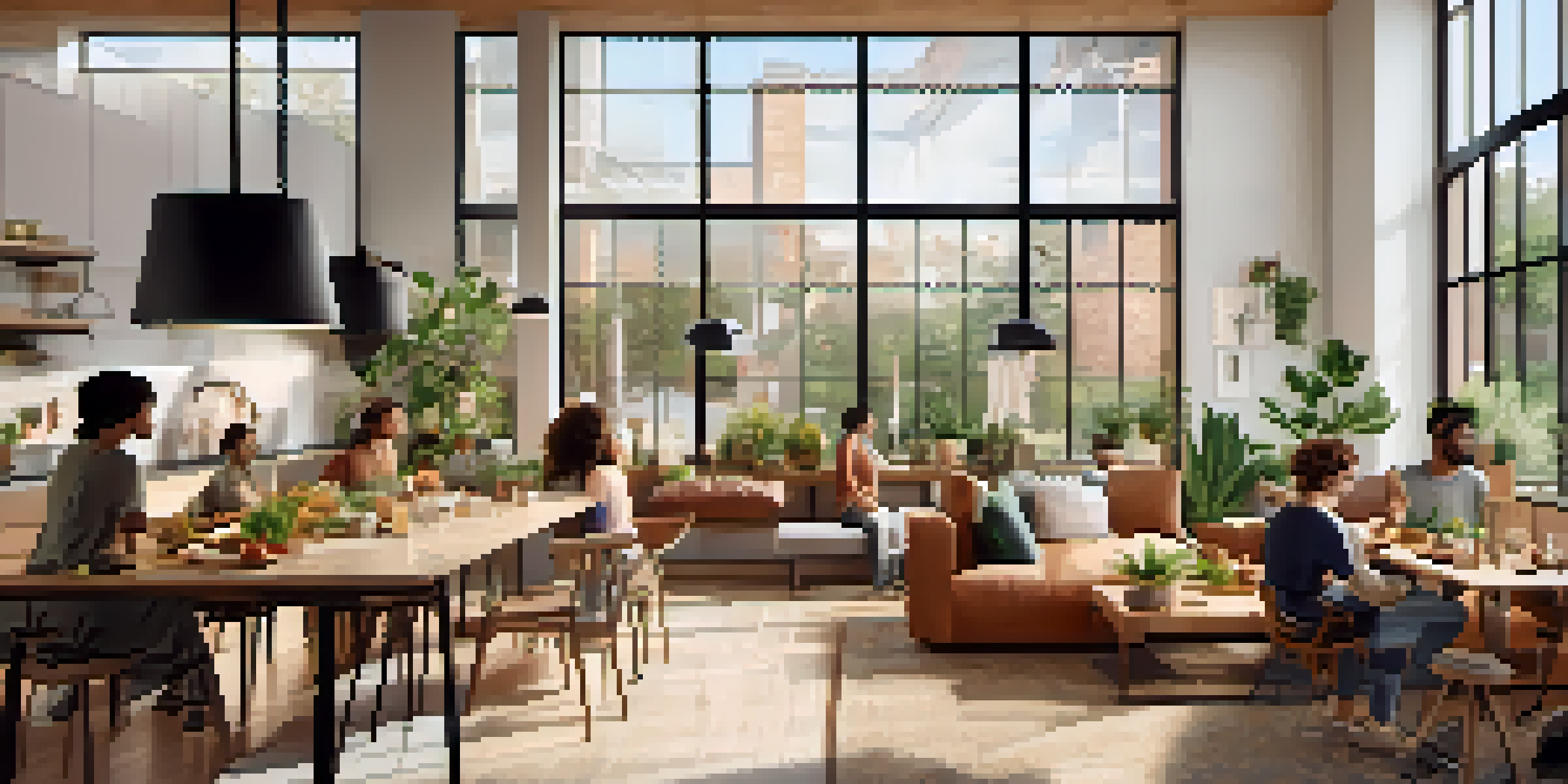 A modern communal living area with diverse residents cooking together, large windows, and plenty of indoor plants.