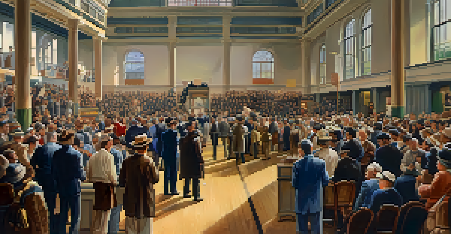 A lively auction scene with bidders raising paddles and banners showcasing properties in a brightly lit hall.
