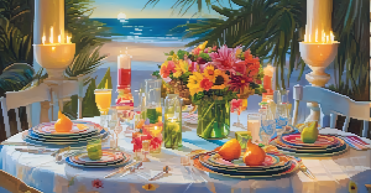 A summer-themed party table set with colorful linens, beach motif plates, and floral arrangements, enhanced by soft candlelight.